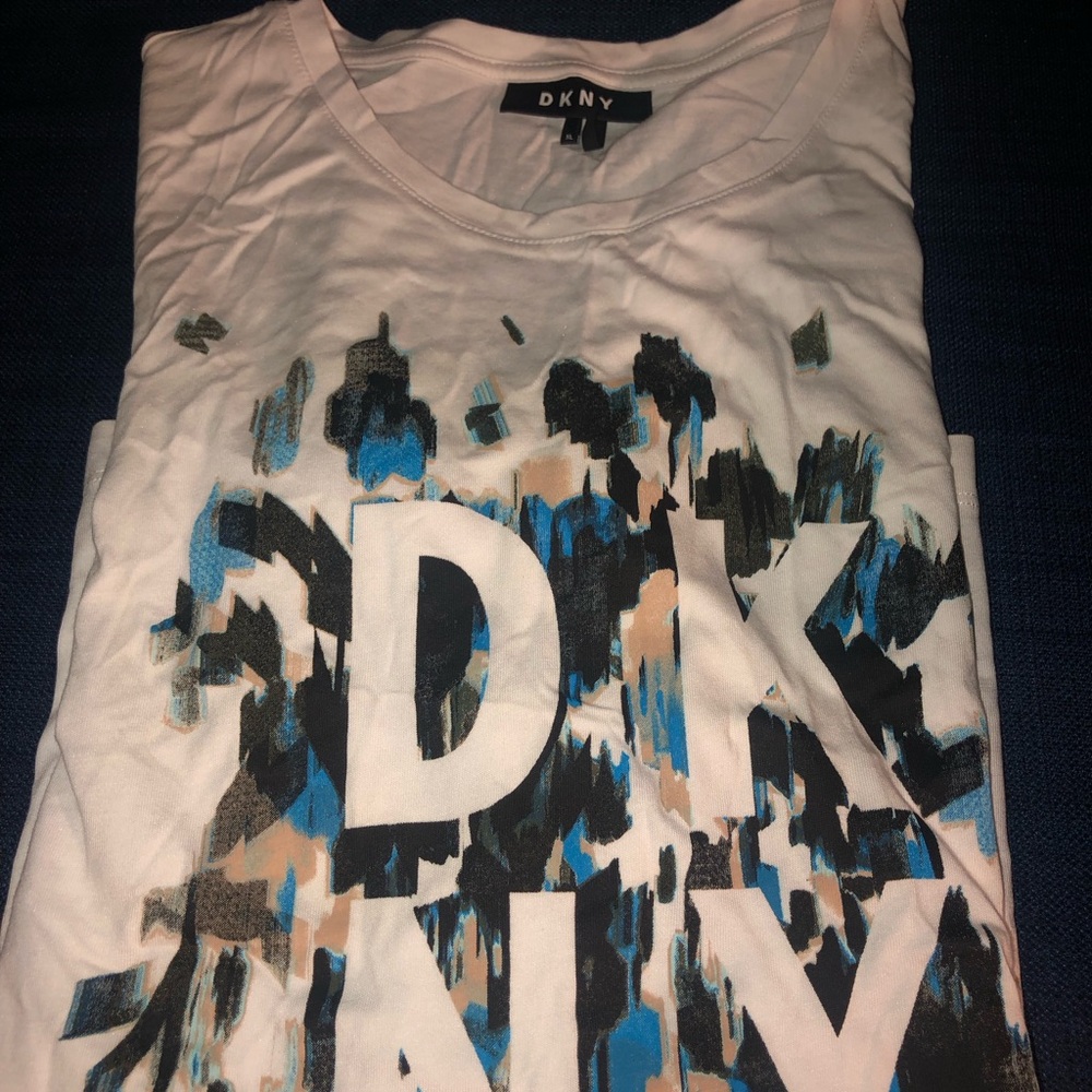 DKNY White Tee with Abstract Black and Blue Design
